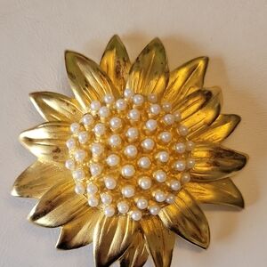 Vintage Gold Sunflower Brooch with Pearls by Doreen RyanDR94
